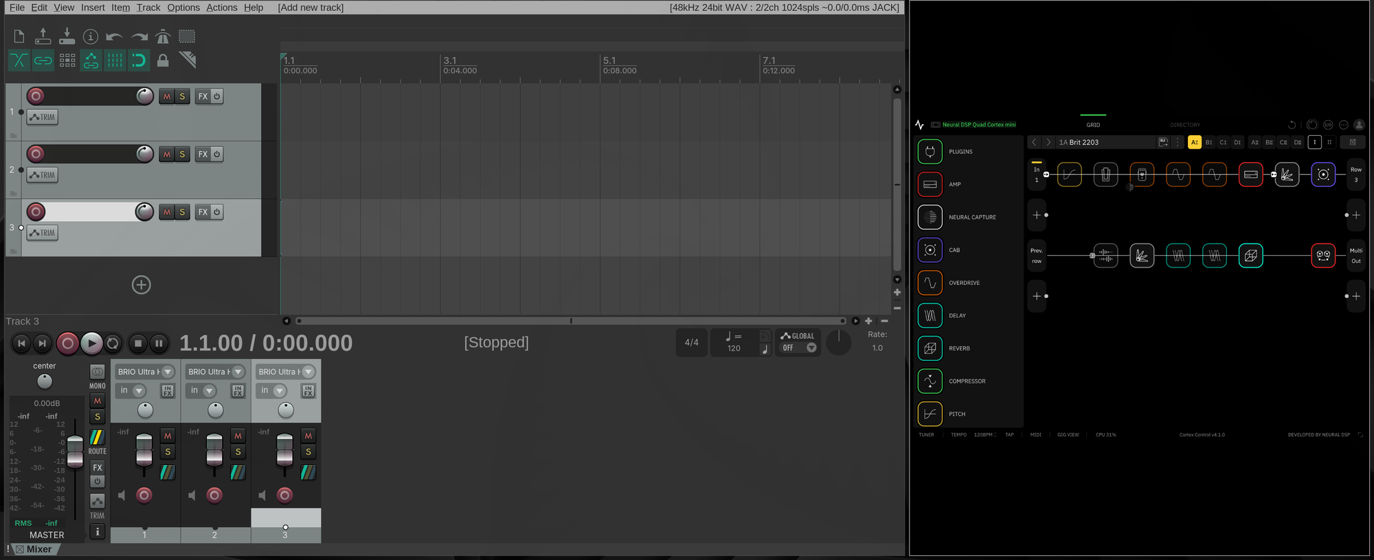 Omarchy desktop with REAPER in the large tile and Cortex Control fully visible in a smaller tile
