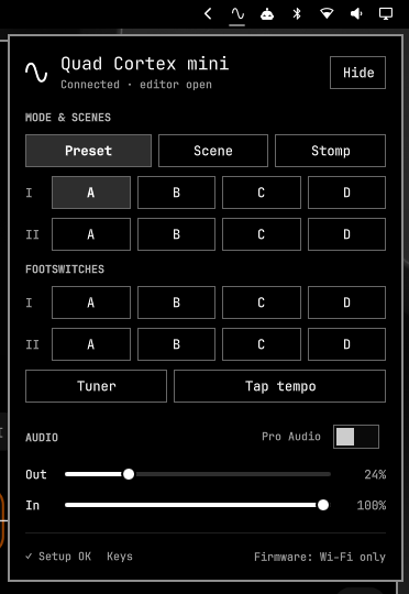 Stompgate bar widget popup with mode, scene, footswitch, tuner and audio controls